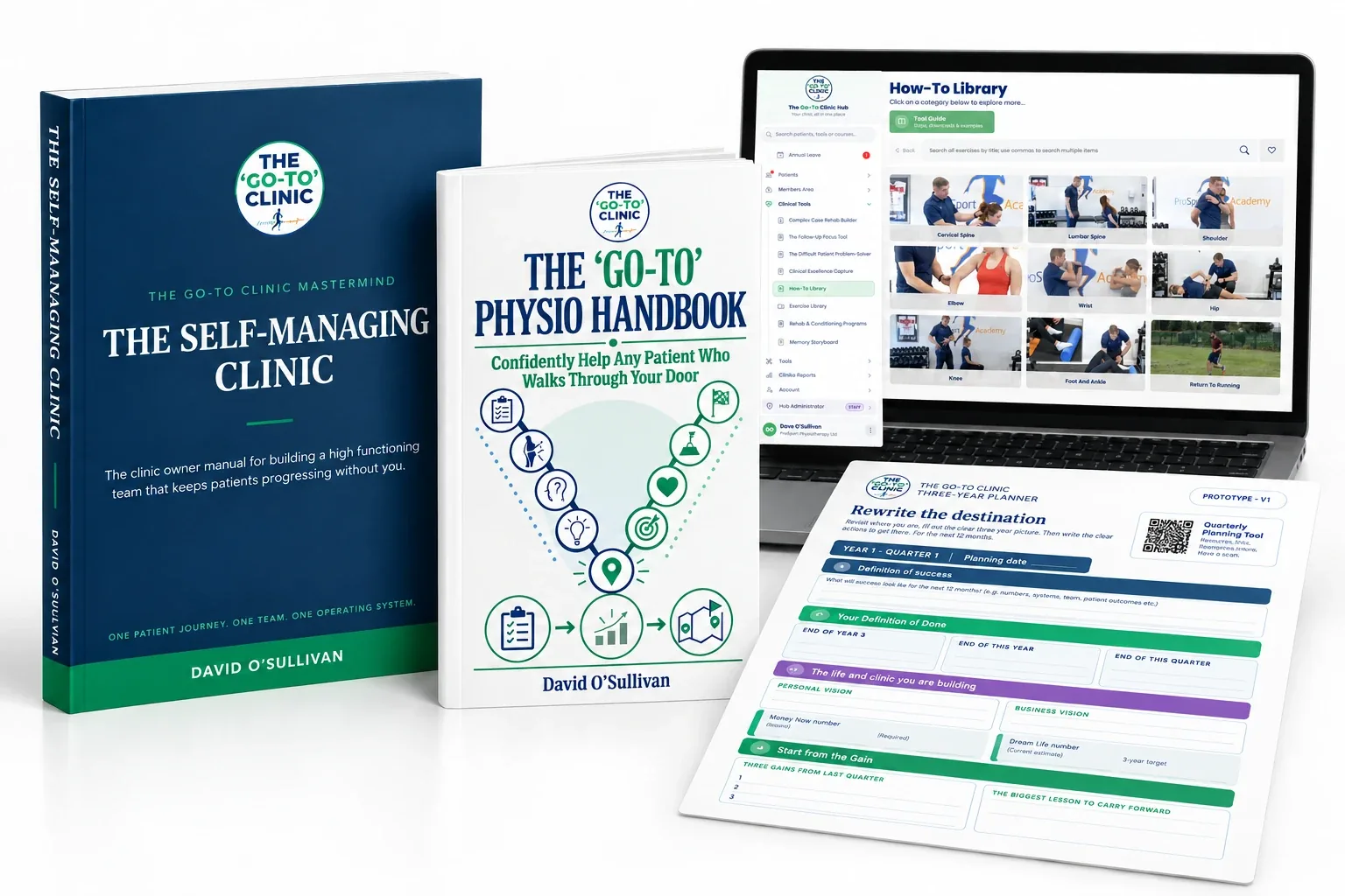 The Self-Managing Clinic manual, Physio Handbook, planner prototype and How-To Library shown on a laptop.
