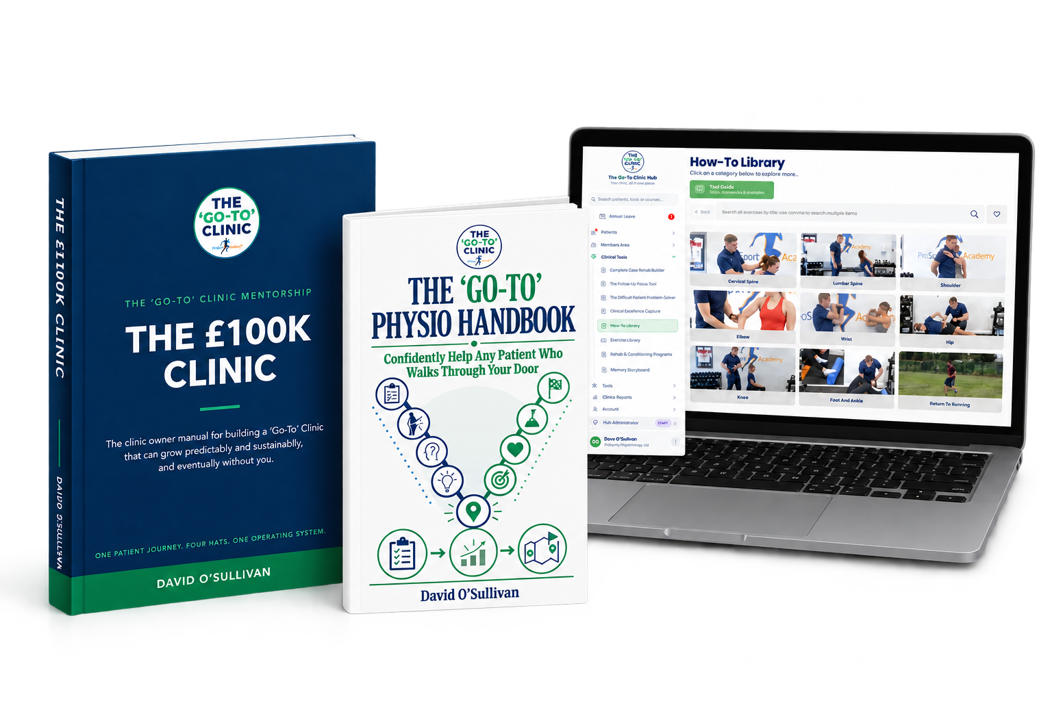 The Go-To Clinic Mentorship bundle: The £100k Clinic manual, The Go-To Physio Handbook, and the Go-To Clinic Hub How-To Library on a laptop.