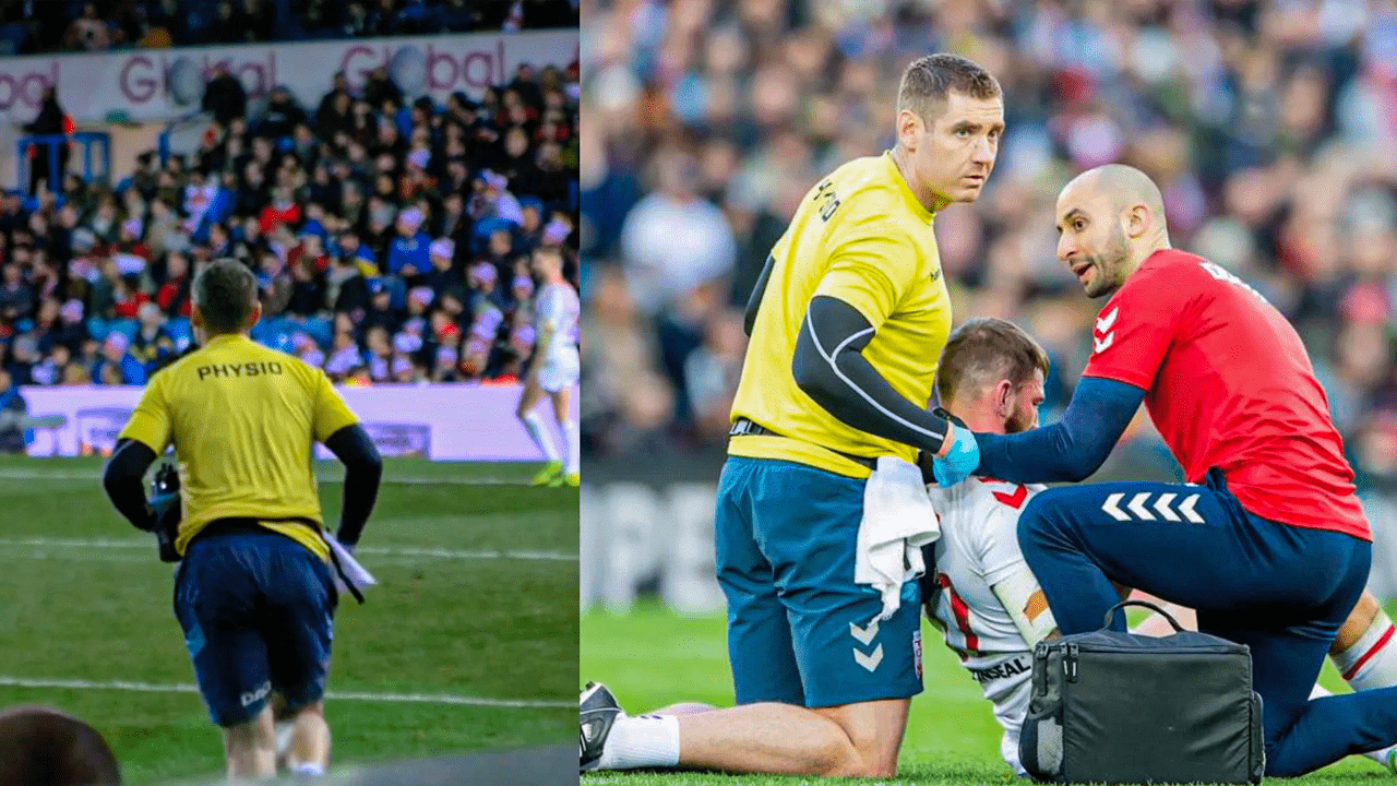 Dave O’Sullivan on the field on the rugby world cup and an injured player